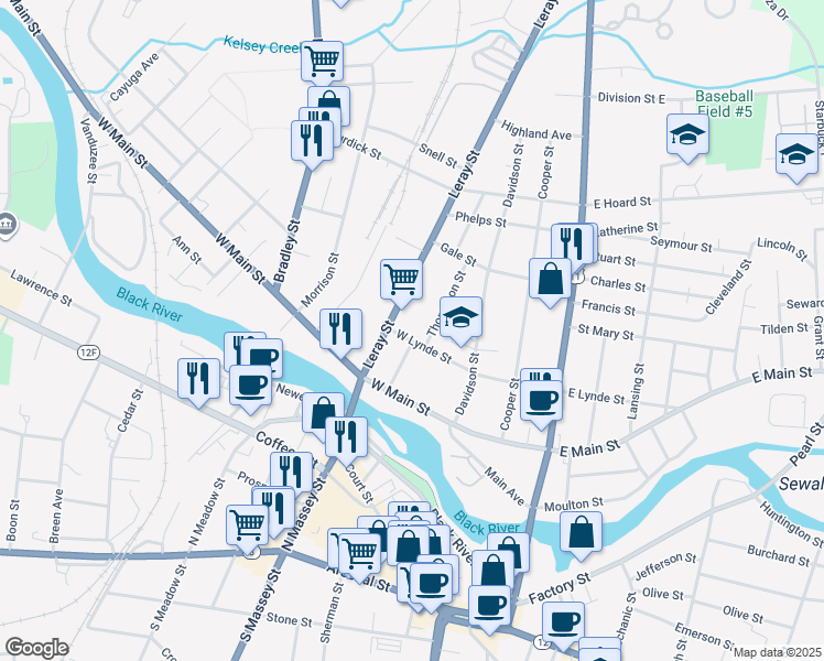map of restaurants, bars, coffee shops, grocery stores, and more near 616 Leray Street in Watertown