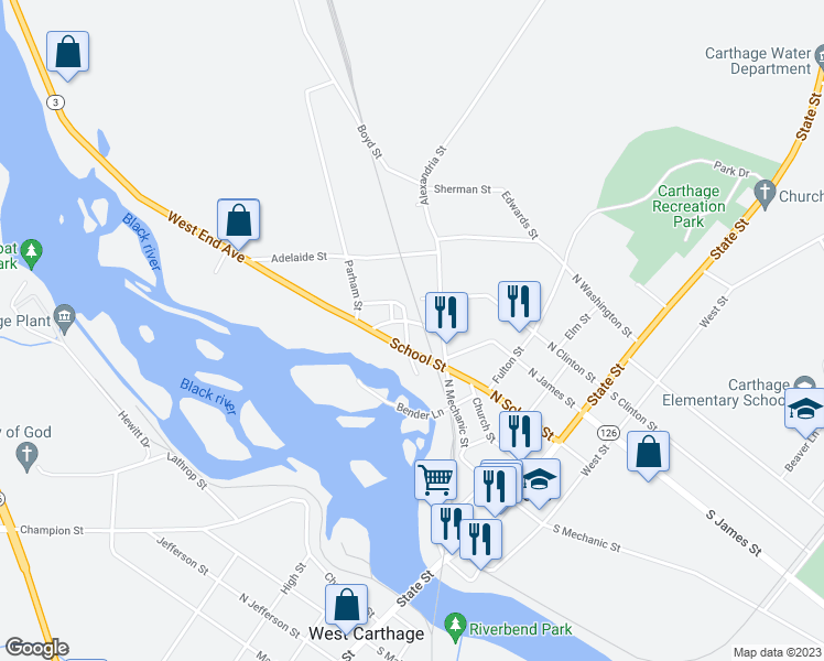 map of restaurants, bars, coffee shops, grocery stores, and more near 504 Bender Lane in Carthage