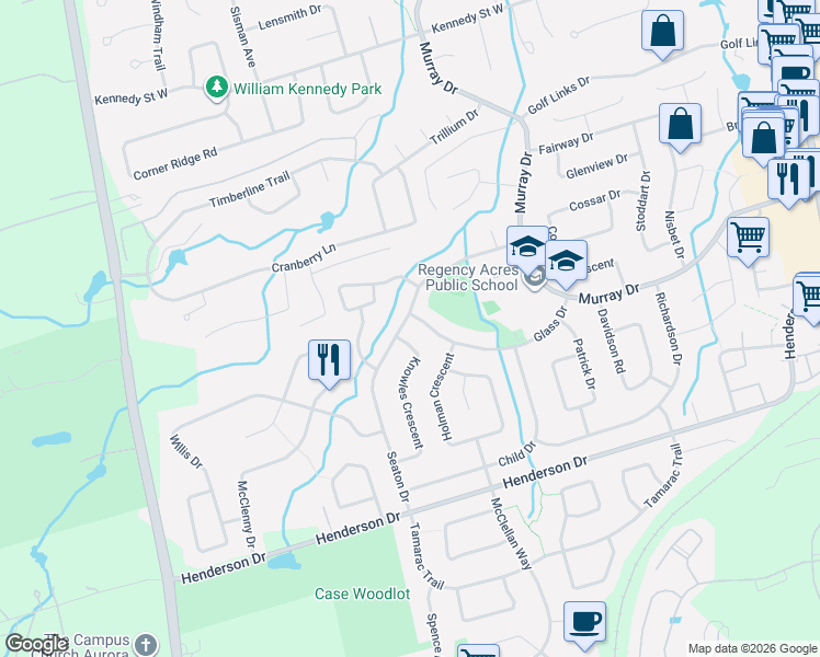 map of restaurants, bars, coffee shops, grocery stores, and more near 45 Seaton Drive in Aurora