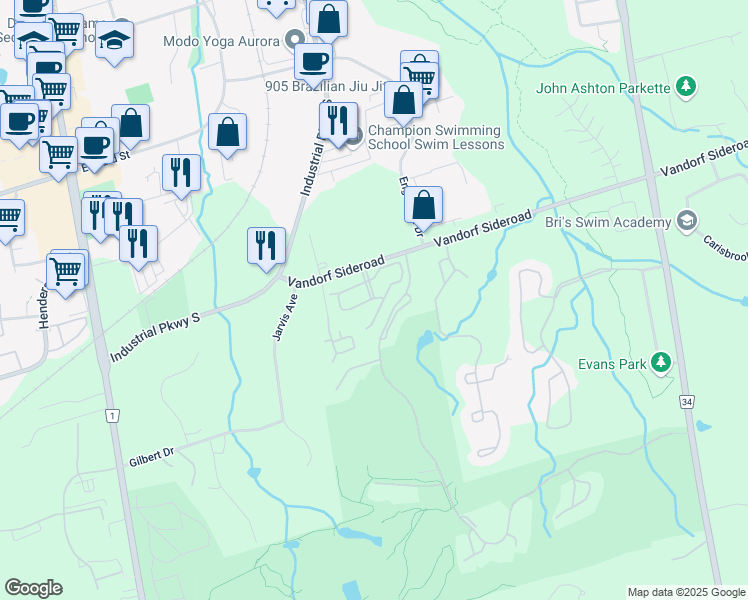 map of restaurants, bars, coffee shops, grocery stores, and more near Vandorf Side Road in Aurora