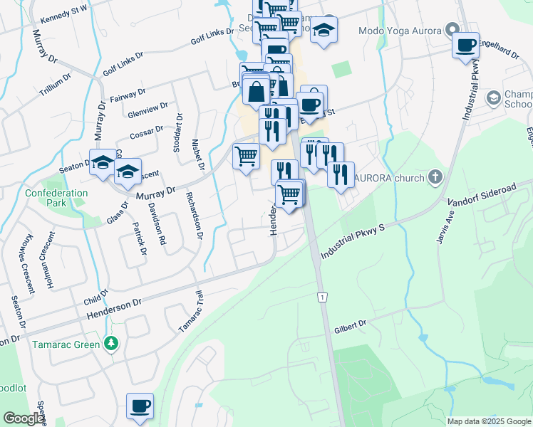 map of restaurants, bars, coffee shops, grocery stores, and more near 54 Henderson Drive in Aurora