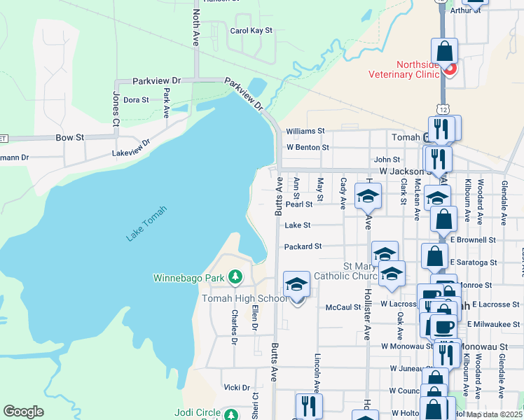 map of restaurants, bars, coffee shops, grocery stores, and more near 401 Butts Avenue in Tomah