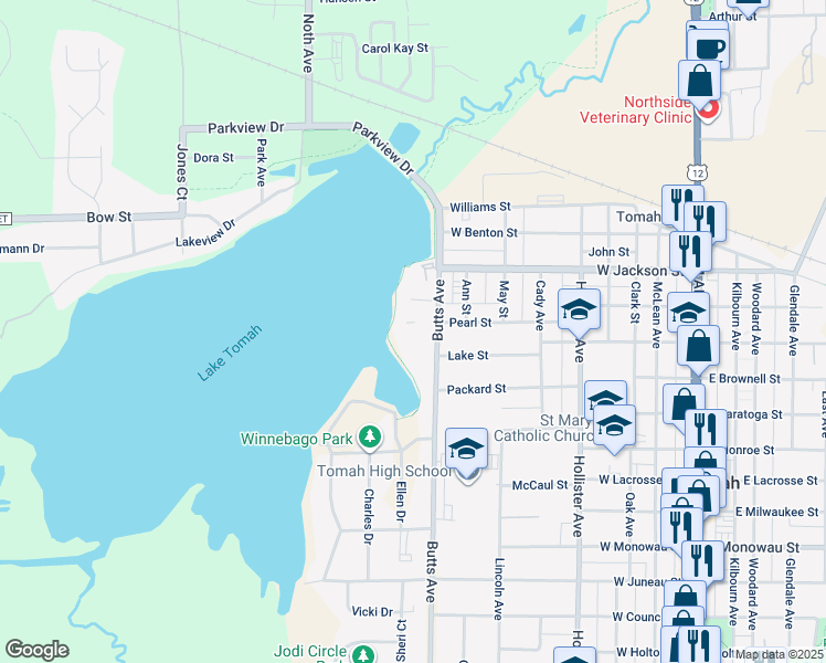 map of restaurants, bars, coffee shops, grocery stores, and more near 401 Butts Avenue in Tomah