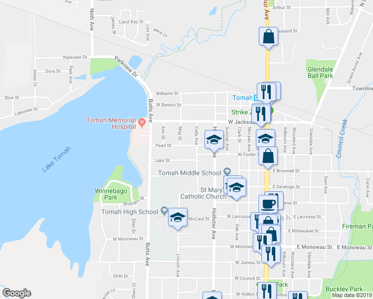 map of restaurants, bars, coffee shops, grocery stores, and more near 614 Pearl Street in Tomah
