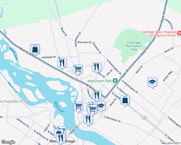 map of restaurants, bars, coffee shops, grocery stores, and more near 541 Francis St in Carthage