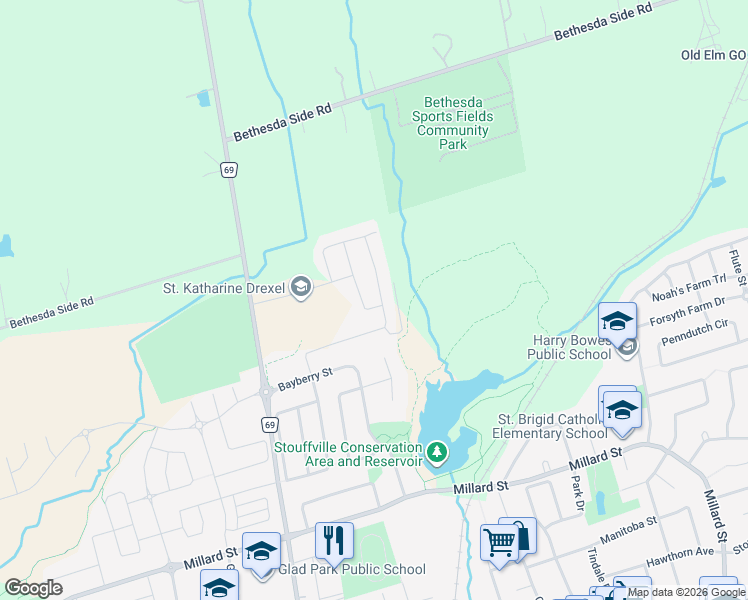 map of restaurants, bars, coffee shops, grocery stores, and more near 7 Suttonrail Way in Whitchurch-Stouffville