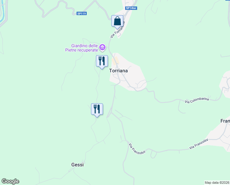 map of restaurants, bars, coffee shops, grocery stores, and more near Strada Provinciale 120 in Poggio Torriana