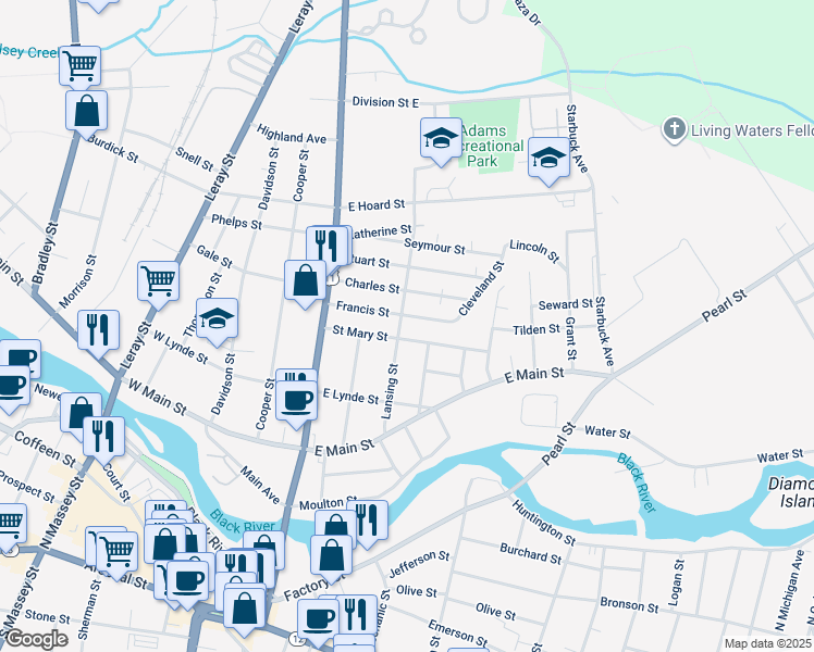 map of restaurants, bars, coffee shops, grocery stores, and more near 656 Lansing Street in Watertown