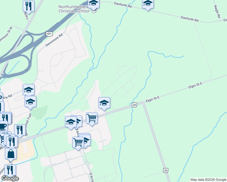 map of restaurants, bars, coffee shops, grocery stores, and more near 1017 Trailsview Avenue in Cobourg
