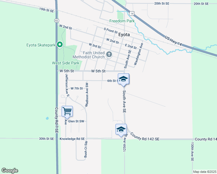 map of restaurants, bars, coffee shops, grocery stores, and more near 615 South Avenue SW in Eyota