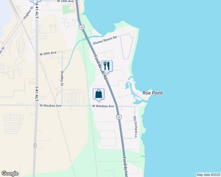 map of restaurants, bars, coffee shops, grocery stores, and more near 3031 Fond Du Lac Rd in Oshkosh