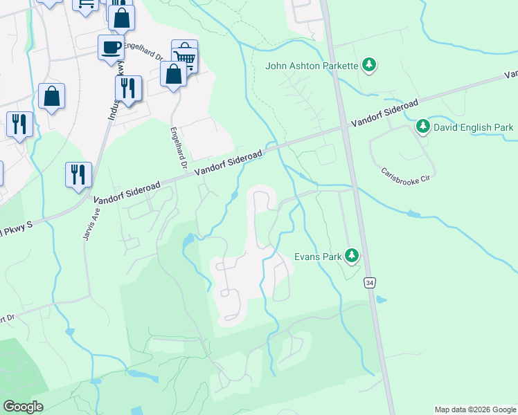 map of restaurants, bars, coffee shops, grocery stores, and more near 59 Stonecliffe Crescent in Aurora