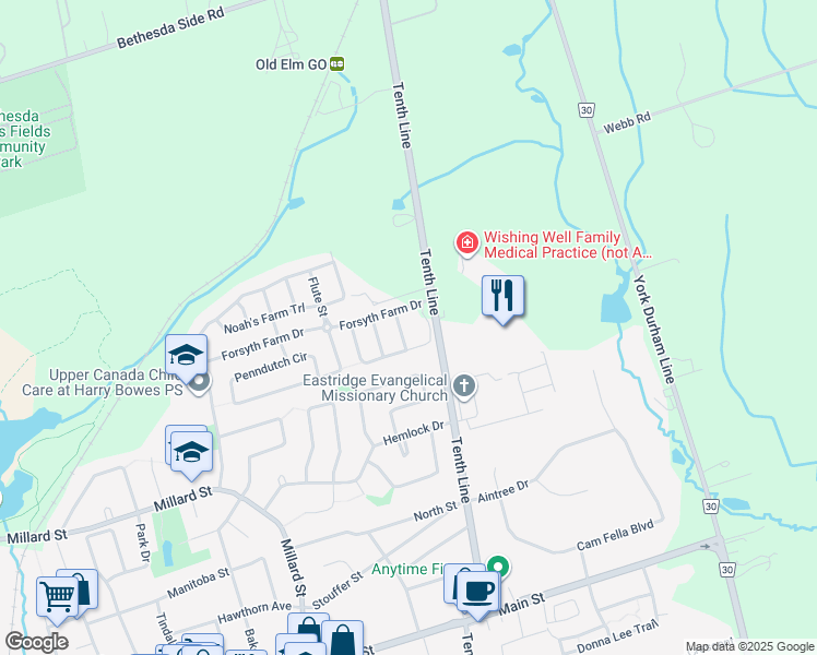 map of restaurants, bars, coffee shops, grocery stores, and more near 19 Coronet Street in Whitchurch-Stouffville