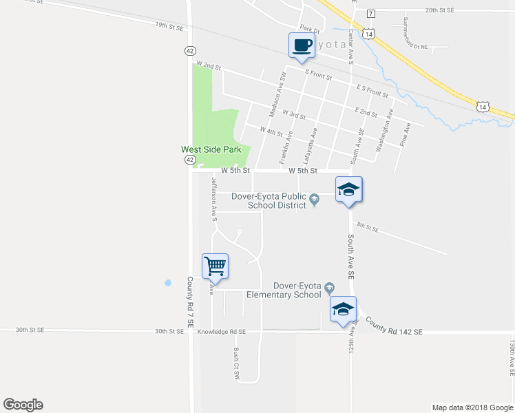 map of restaurants, bars, coffee shops, grocery stores, and more near 619 Madison Avenue Southwest in Eyota