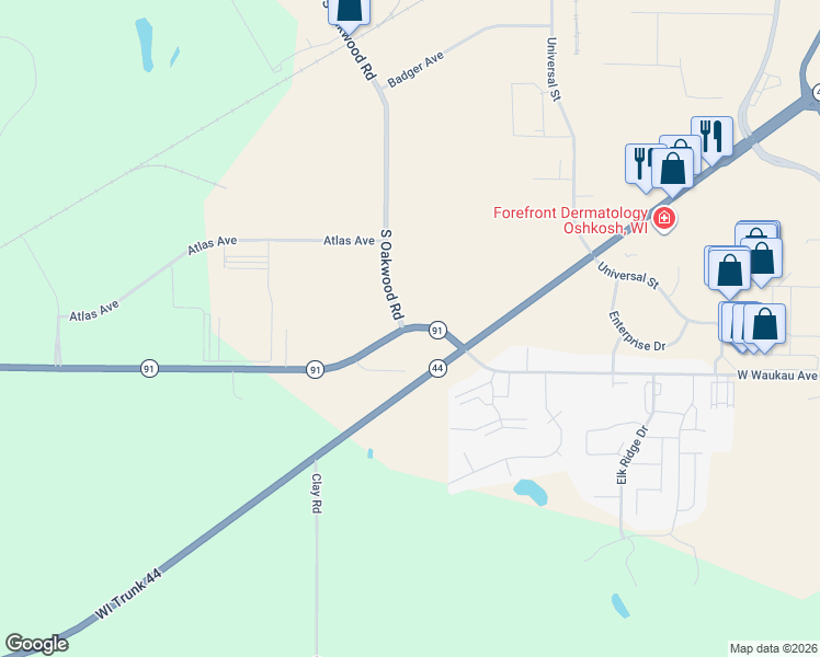 map of restaurants, bars, coffee shops, grocery stores, and more near 4041 Wisconsin 91 in Oshkosh