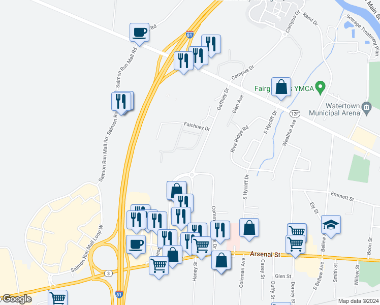 map of restaurants, bars, coffee shops, grocery stores, and more near 295 Gaffney Drive in Watertown