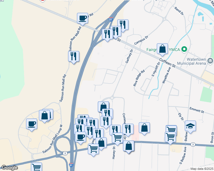 map of restaurants, bars, coffee shops, grocery stores, and more near 1229 Faichney Drive in Watertown