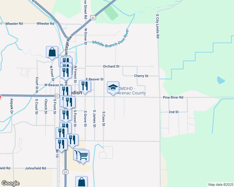 map of restaurants, bars, coffee shops, grocery stores, and more near 601-699 East Cedar Street in Standish