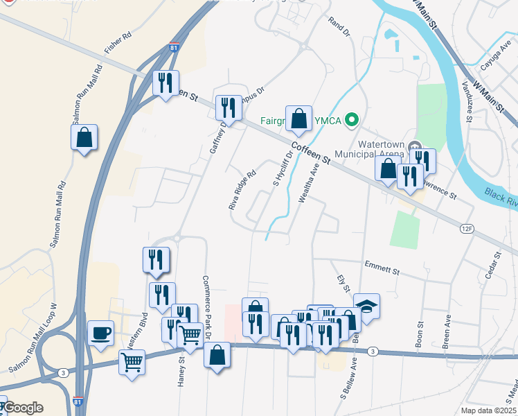 map of restaurants, bars, coffee shops, grocery stores, and more near 207 Wealtha Avenue in Watertown