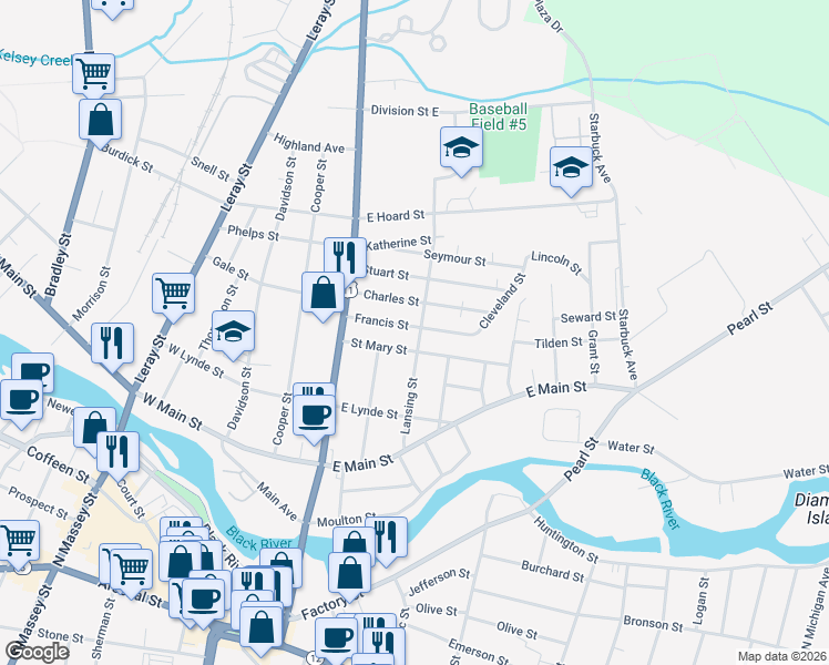 map of restaurants, bars, coffee shops, grocery stores, and more near 156 Francis St in Watertown