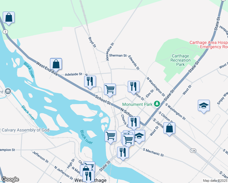 map of restaurants, bars, coffee shops, grocery stores, and more near 616 Alexandria Street in Carthage