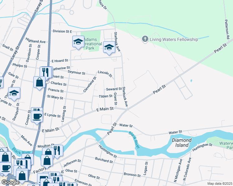 map of restaurants, bars, coffee shops, grocery stores, and more near 642 Grant Street in Watertown