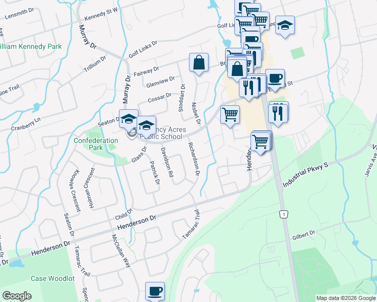 map of restaurants, bars, coffee shops, grocery stores, and more near 10 Richardson Drive in Aurora