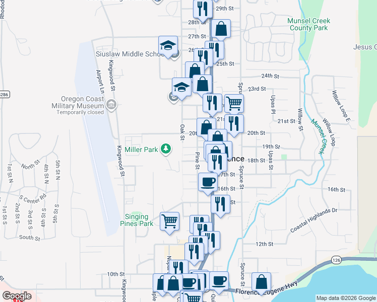 map of restaurants, bars, coffee shops, grocery stores, and more near 1610 19th Street in Florence