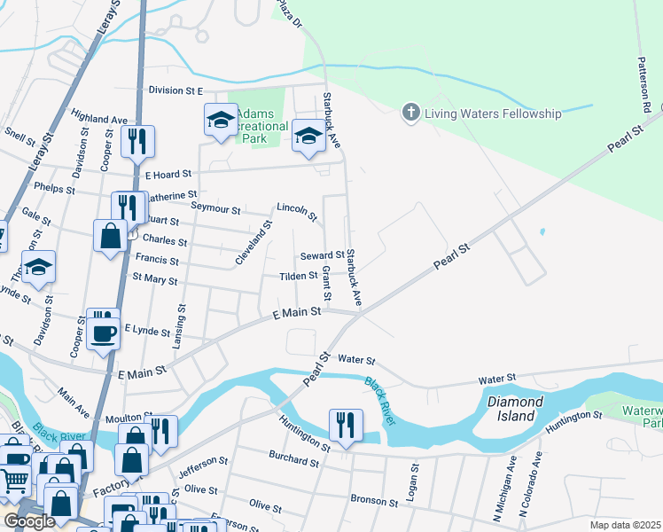 map of restaurants, bars, coffee shops, grocery stores, and more near 642 Grant Street in Watertown