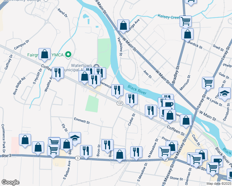 map of restaurants, bars, coffee shops, grocery stores, and more near 722 Coffeen Street in Watertown