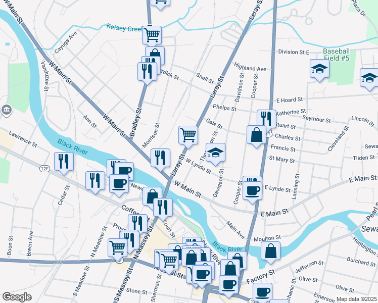 map of restaurants, bars, coffee shops, grocery stores, and more near 616 Leray Street in Watertown