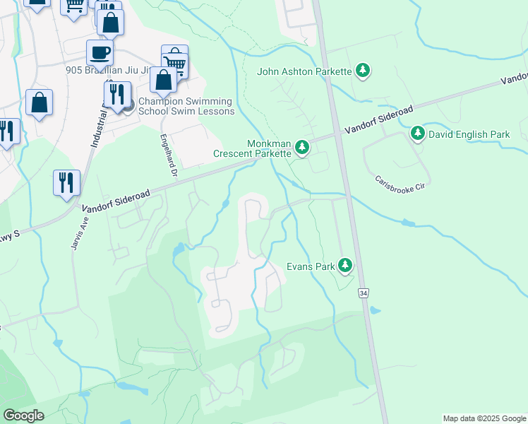 map of restaurants, bars, coffee shops, grocery stores, and more near 4 Stonecliffe Crescent in Aurora