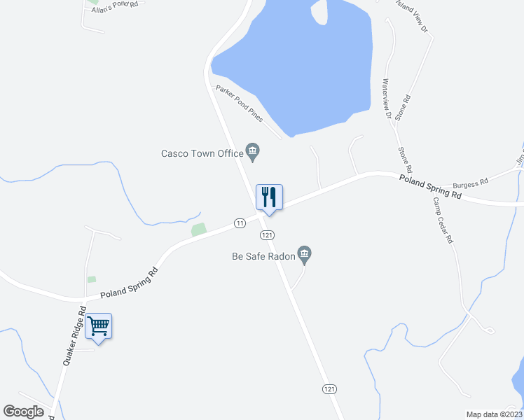 map of restaurants, bars, coffee shops, grocery stores, and more near 605 Meadow Road in Casco