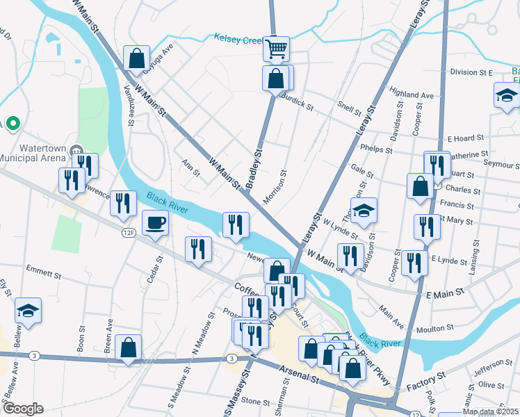 map of restaurants, bars, coffee shops, grocery stores, and more near W Main St & Morrison St in Watertown