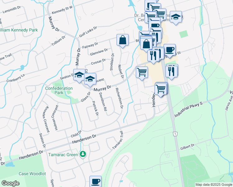 map of restaurants, bars, coffee shops, grocery stores, and more near 8 Richardson Drive in Aurora