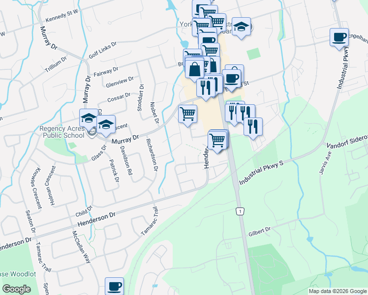 map of restaurants, bars, coffee shops, grocery stores, and more near 39 Davis Road in Aurora