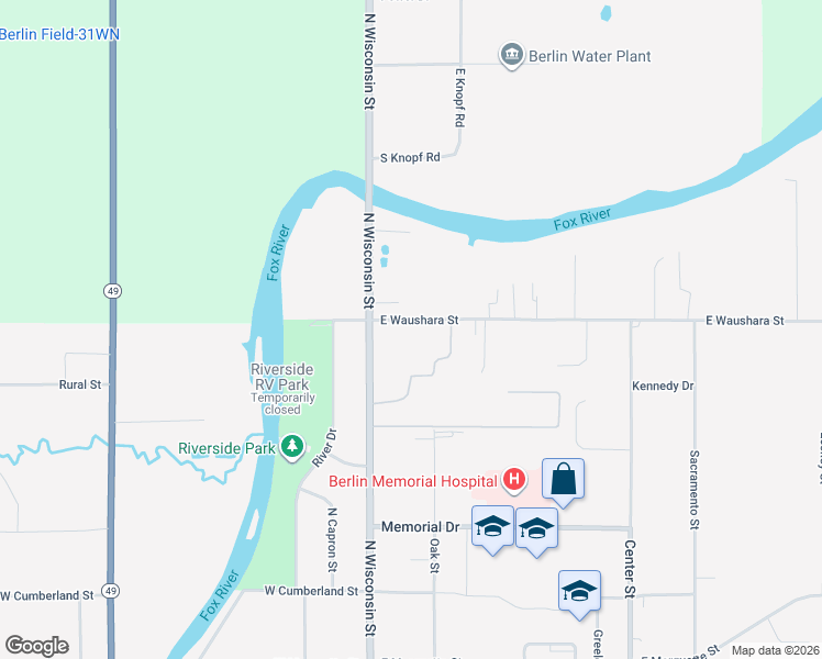 map of restaurants, bars, coffee shops, grocery stores, and more near 134 East Waushara Street in Berlin