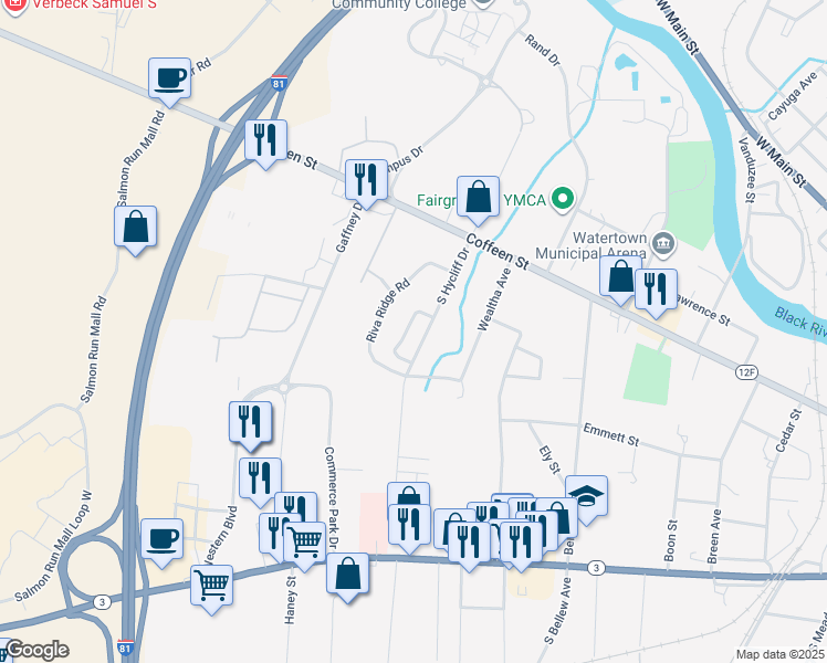map of restaurants, bars, coffee shops, grocery stores, and more near 207 Wealtha Avenue in Watertown