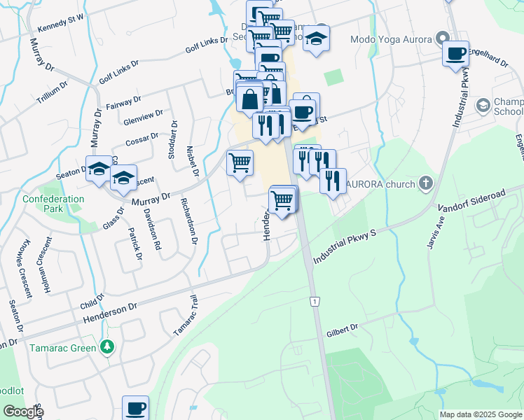 map of restaurants, bars, coffee shops, grocery stores, and more near 54 Henderson Drive in Aurora