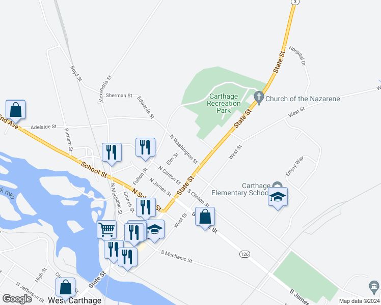 map of restaurants, bars, coffee shops, grocery stores, and more near 128 North Washington Street in Carthage