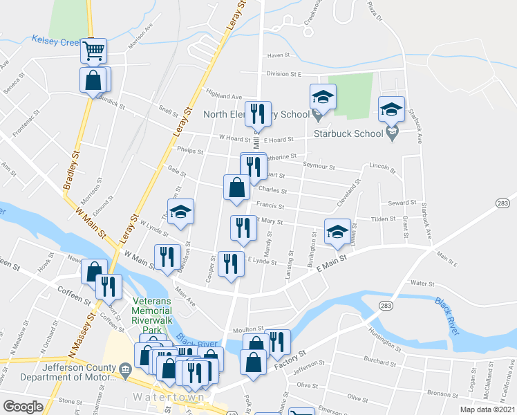 map of restaurants, bars, coffee shops, grocery stores, and more near 110 Francis Street in Watertown