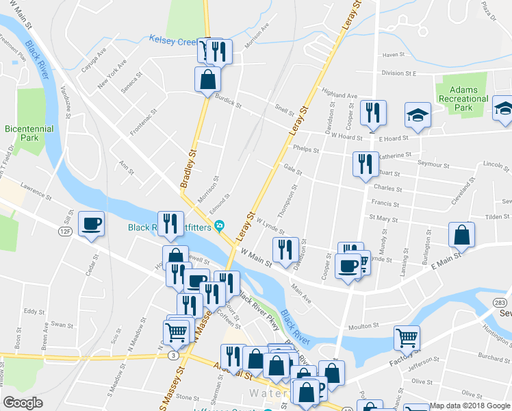 map of restaurants, bars, coffee shops, grocery stores, and more near 617 Leray Street in Watertown