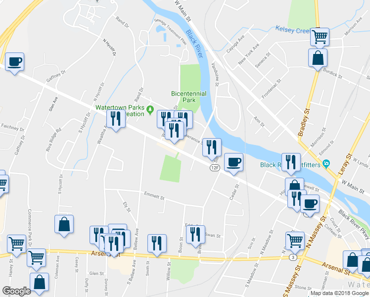 map of restaurants, bars, coffee shops, grocery stores, and more near 816 Coffeen Street in Watertown