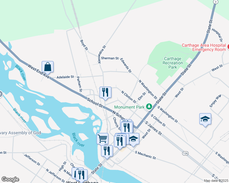 map of restaurants, bars, coffee shops, grocery stores, and more near 541 Francis Street in Carthage