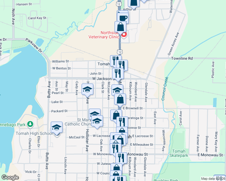 map of restaurants, bars, coffee shops, grocery stores, and more near 410 McLean Avenue in Tomah