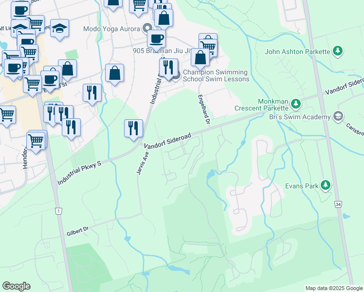 map of restaurants, bars, coffee shops, grocery stores, and more near Timberlane Boulevard in Aurora