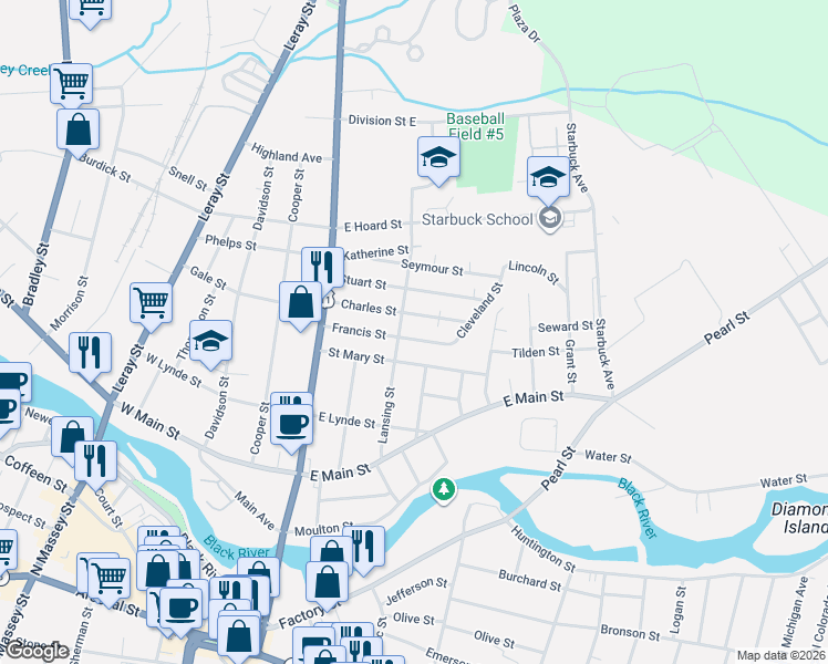 map of restaurants, bars, coffee shops, grocery stores, and more near 226 Francis Street in Watertown