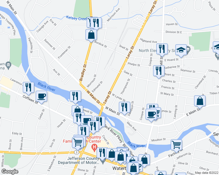 map of restaurants, bars, coffee shops, grocery stores, and more near 615 Leray Street in Watertown
