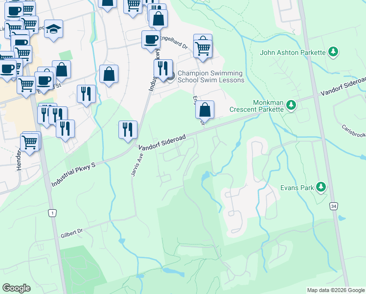 map of restaurants, bars, coffee shops, grocery stores, and more near 11 Match Point Court in Aurora