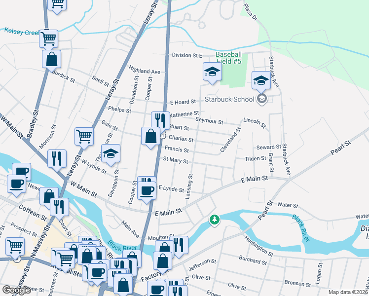 map of restaurants, bars, coffee shops, grocery stores, and more near 156 Francis Street in Watertown
